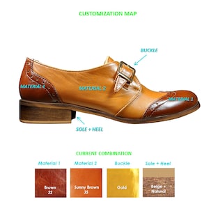 May include: A brown and tan leather shoe with a gold buckle. The shoe has a beige and natural coloured sole and heel. The shoe is labelled "Material 1", "Material 2", "Buckle", and "Sole + Heel".