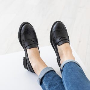 Lowen - Black Penny Loafers for Women, Comfortable Chunky Sole, Handmade Leather Shoes with Brogue Detail, Handmade Slip-On Flats