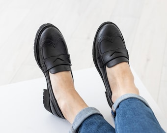 Lowen: Women's Black Leather Penny Loafers - Slip-On Handmade Shoes with Chunky Sole, Customizable