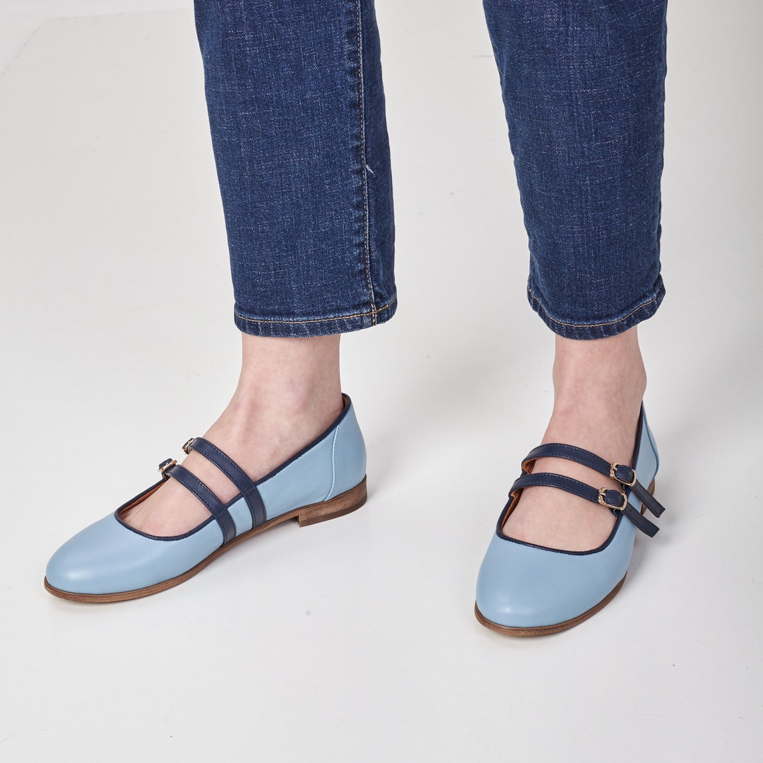 Emily Women's Mary Jane Ballet Flats in Pastel Blue Leather