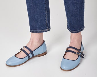 Emily - Flats, Women's flats, Flat Sandals, Mary Jane straps, Blue shoes, Ballet flats, Crystal Blue Sandals, FREE customization!!!