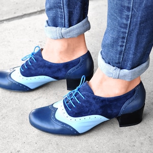 Morgan: Women’s Two-Tone Blue Leather & Suede Oxford Brogue Heels – 2" Block Heel, Vintage 50s Dress Shoes, Handmade and Customizable