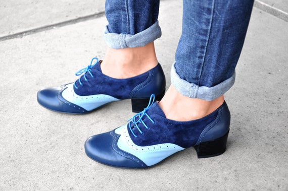 Morgan: Women's Two-Tone Blue Leather & Suede Oxford Brogue Heels - 2" Block Heel, Vintage 50s Dress Shoes, Handmade and Customizable