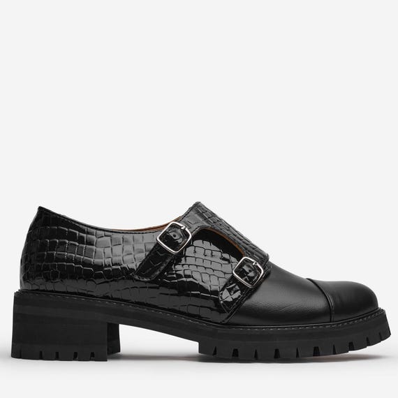 Baron - Handcrafted Black Leather Monk Strap Shoes, Croc Embossed Platform