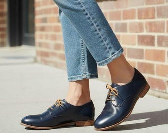 Clair: Women's Dark Navy Leather Oxford Flats - Minimalist Lace-Up Shoes, Customizable