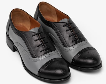 Hudson: Women’s Black & Grey Two-Tone Leather Oxford Brogues – Lace-Up Dress Shoes, Handmade and Customizable