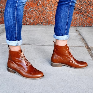 Regent: Women’s Brown Leather Oxford Boots – Lace-Up Brogue Ankle Boots, Handcrafted and Customizable
