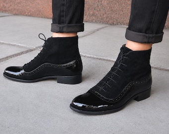 Armada: Women’s Black Patent Leather & Suede Ankle Boots – Lace-Up Balmoral Style Booties, Customizable and Handmade
