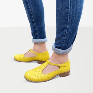 Jane Women's Mary Janes, Perforated Leather Mary Janes, Vintage Shoes, Yellow Summer shoes, Custom Mary Janes, FREE customization image 2