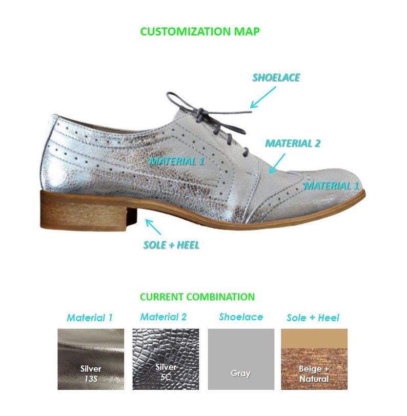 Hendricks: Zapatos planos Oxford de piel plateada con relieve de cocodrilo para mujer, zapatos Derby con cordones hechos a mano. imagen 8