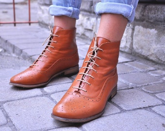Camden - Women's Leather Oxfords Boots, Brown Ankle Boots