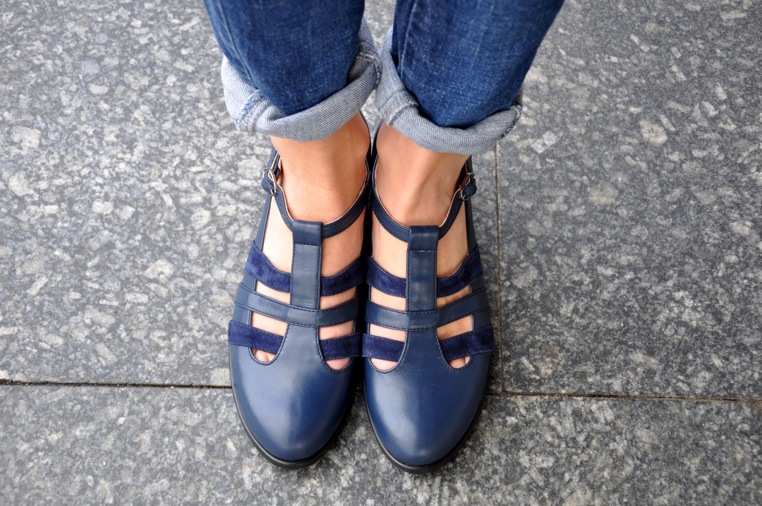 Mary - Women's t-bar Mary Janes shoes, closed toe leather flats in navy blue leather and suede, fully handcrafted and customizable