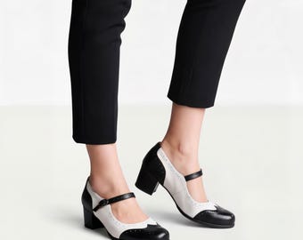 Maida: Zapatos de tacón Mary Jane Spectator de cuero hechos a mano para mujer - Zapatos de salón en blanco y negro
