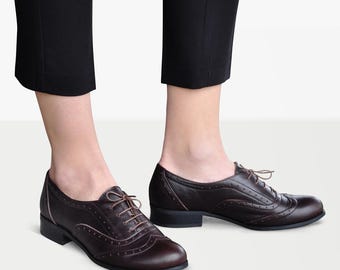 Lenox - Dark Chocolate Leather Brogues, Women's Handcrafted Oxford Shoes
