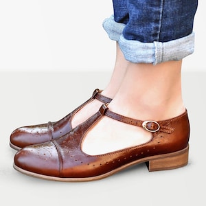 Jane - Women&#39;s brown Mary Jane flats, t-strap leather ballets with delicate brogues, fully handcrafted and customizable shoes