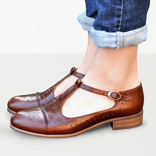 Jane: Women’s Brown Leather Mary Jane Flats – Brogue T-Strap Dress Shoes, Handcrafted and Customizable