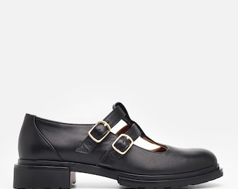 Buxton: Women's Black Leather Mary Jane Shoes - Chunky Double Buckle T-Strap Flats