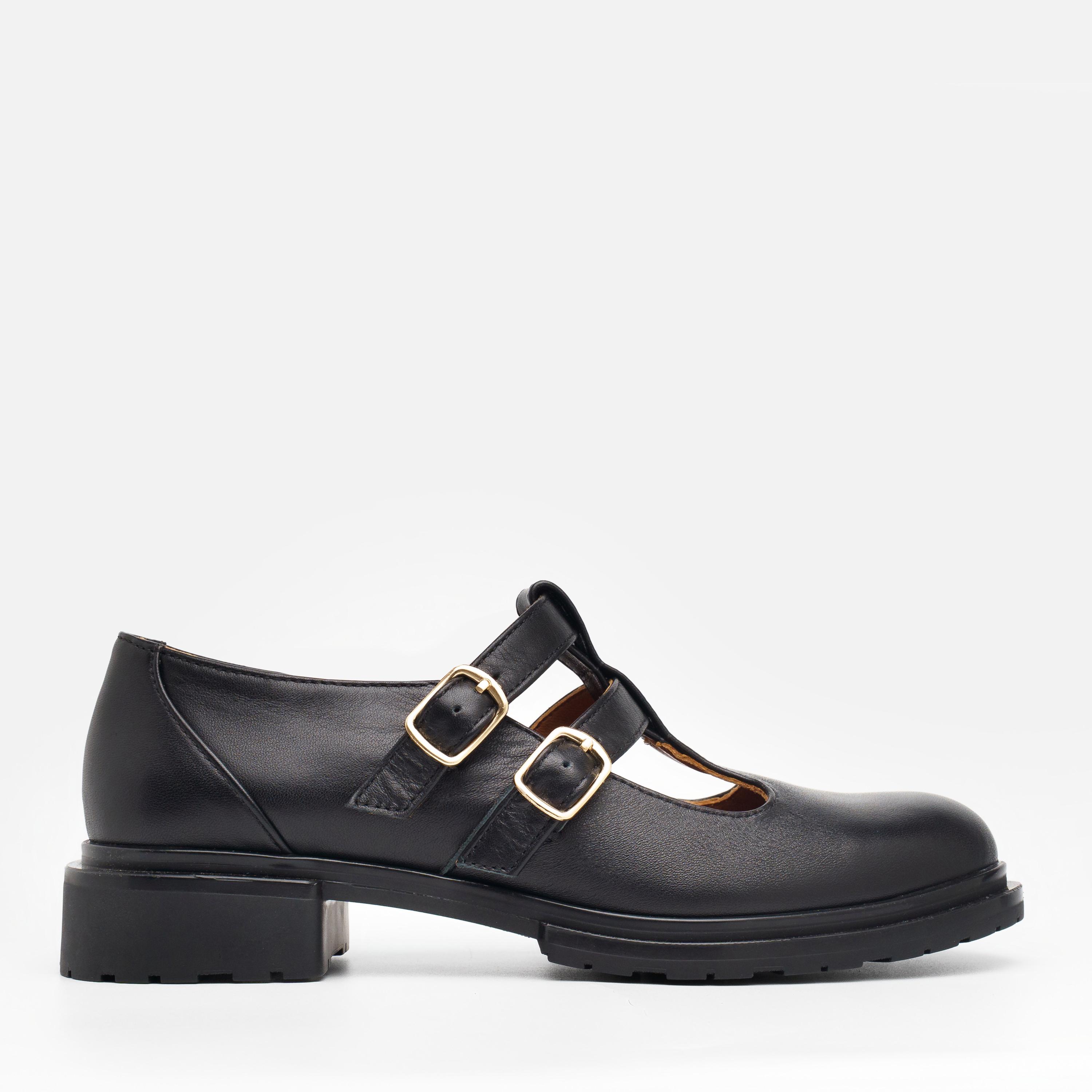 Buxton: Women's Black Leather Mary Jane Shoes - Chunky Double