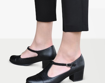 Jane Pumps : Damen Schwarze Leder Mary Jane Block Heels - Wildleder T-Riemchen, Abendschuhe, handgefertigt und anpassbar