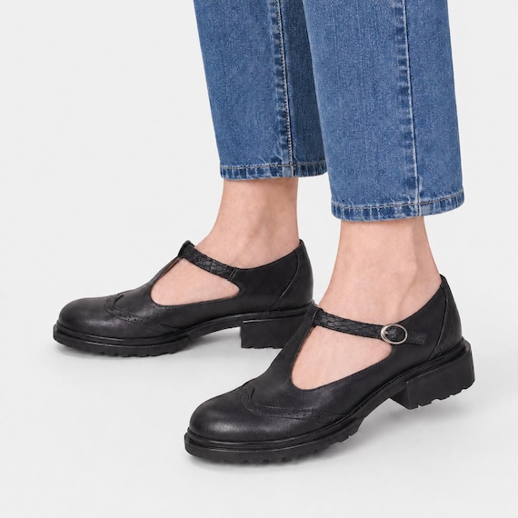 Jane: Women’s Black Leather Mary Jane Shoes with Snake-Embossed Ankle Strap, Chunky Sole Flats