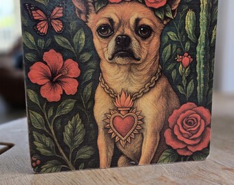 Frida Kahlo inspired Chihuahua Art Print mounted on Reclaimed Wood.