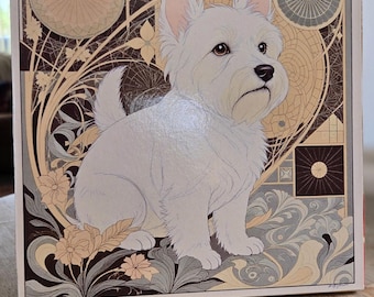 Rennie Mackingtosh inspired Westie Art Print mounted on Reclaimed Wood.