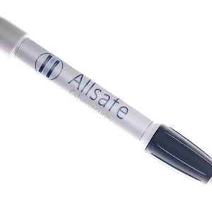 May include: A white pen with a grey cap and a blue Allsafe Cybersecurity logo. The pen has a black rubber grip.