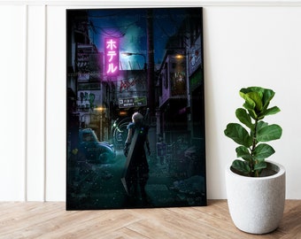 Può includere: Una stampa d'arte digitale di una scena di città cyberpunk con una insegna al neon che recita "ホテル" in giapponese, che si traduce in "hotel". Una figura con un cappotto nero e una spada si trova in mezzo alla strada.