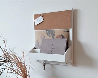 Houten organizer, aan de muur, hangend, wit, A4, kurkbord, voor op kantoor, voor de hal, voor documenten, folders, voor sleutels