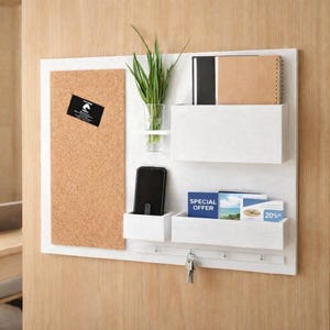 Könnte beinhalten: Ein weißer Wandorganizer mit einer Pinnwand, Ablagen und Schlüsselhaken. Er verfügt über eine Pinnwand, eine Vase mit grünen Pflanzen, ein Smartphone und verschiedene Papiere. Der Organizer ist an einer hellen Holzwand montiert.