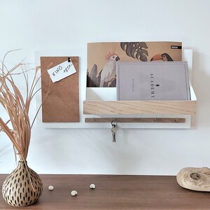 Wooden organizer, on the wall, white, natural oak, A4, cork board, for the office, for the hall, for documents, leaflets, for keys image 2