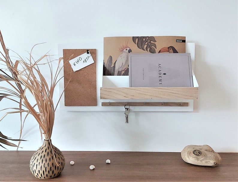 Wooden organizer, on the wall, white, natural oak, A4, cork board, for the office, for the hall, for documents, leaflets, for keys image 2