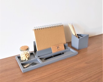 Ensemble de bureau en bois, organisateur, gris, rangement de bureau, ensemble de bureau moderne, bois naturel, élégant, porte-stylo,