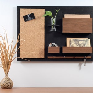 Wall Organizer - wooden, Black+ walnut, on the wall, hanger for keys, mail, pin board, 24,8 " x 17,9 "
