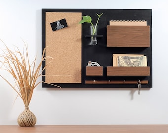 Wall Organizer - wooden, Black+ walnut, on the wall, hanger for keys, mail, pin board, 24,8 " x 17,9 "