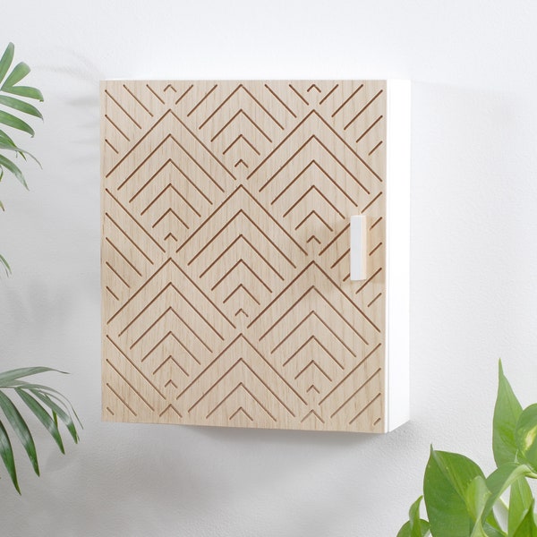 Key cabinet, key box, wooden cabinet, oak mosaic, modern pattern, geometric, white, oak