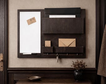Rustic Wooden Wall Organizer with Mail Holder & Whiteboard – Entryway Command Center, Farmhouse Decor