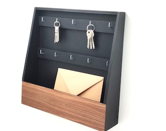 Large, open key box, black + wanlut, key rack with 10 hooks, new home gift