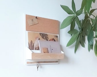 Wooden organizer, on the wall, natural oak, hanging, white, A4, cork board, for the office, for the hall, for documents, leaflets, for keys