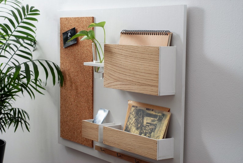 Wall Organizer wooden, white OAK, on the wall, hanger for keys, mail, pin board, 24,8 x 17,7, image 2