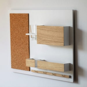 Wall Organizer wooden, white OAK, on the wall, hanger for keys, mail, pin board, 24,8 x 17,7, image 5