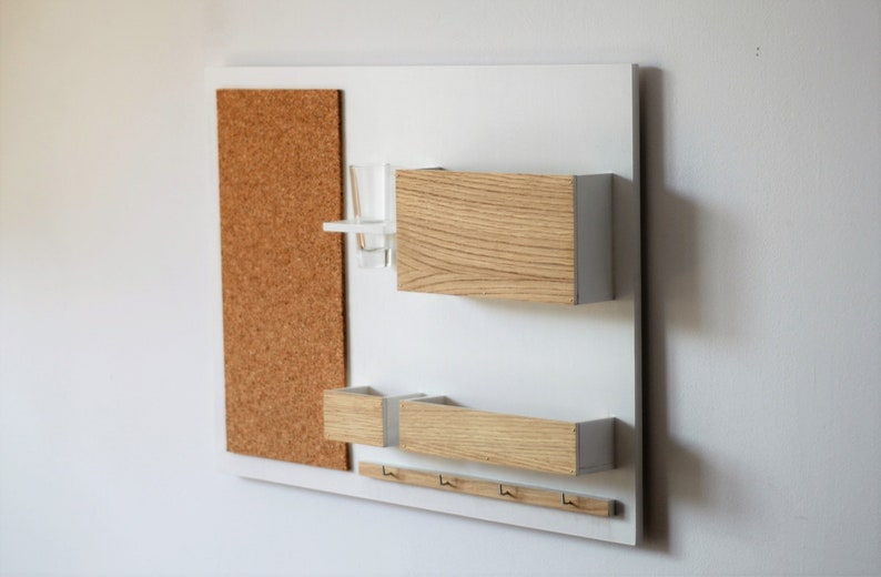 Wall Organizer wooden, white OAK, on the wall, hanger for keys, mail, pin board, 24,8 x 17,7, image 5