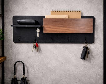 Wooden hanger with organizer, black + walnut