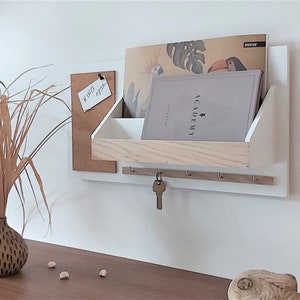 Wooden organizer, on the wall, white, natural oak, A4, cork board, for the office, for the hall, for documents, leaflets, for keys image 3