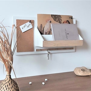 Wooden organizer, on the wall, white, natural oak, A4, cork board, for the office, for the hall, for documents, leaflets, for keys image 1