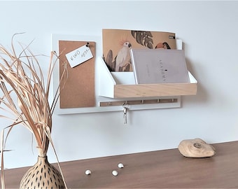 Wall Organizer: White Wood, Oak Veneer, Cork Board & Key Hooks