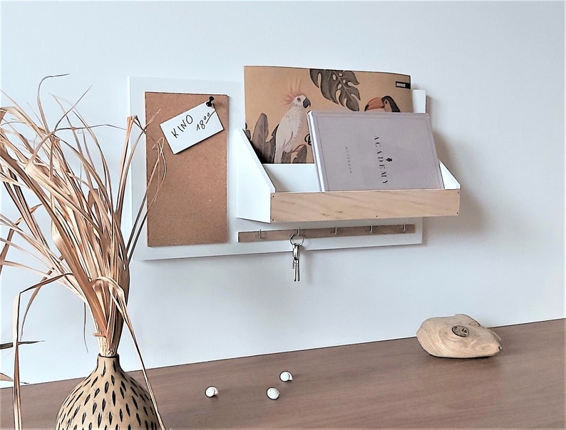 Wooden organizer, on the wall, white, natural oak, A4, cork board, for the office, for the hall, for documents, leaflets, for keys image 1