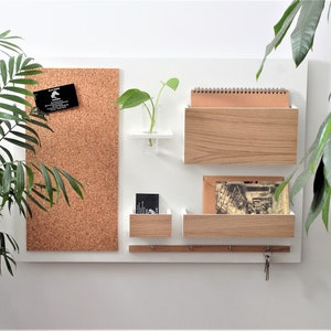 Organisateur de mur bois, blanc OAK, sur le mur, cintre pour les clés, courrier, tableau d'affichage, 63x45 cm image 1