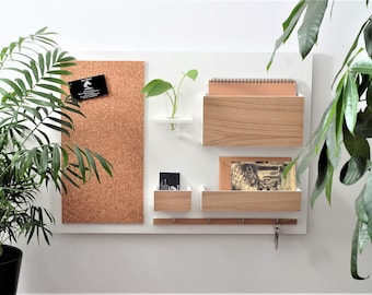 Wall Organizer - wooden, white + OAK, on the wall, hanger for keys, mail, pin board, 24,8 " x 17,7",