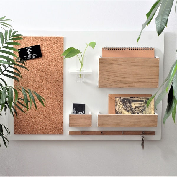 Wall Organizer - wooden, white + OAK, on the wall, hanger for keys, mail, pin board, 24,8 " x 17,7",